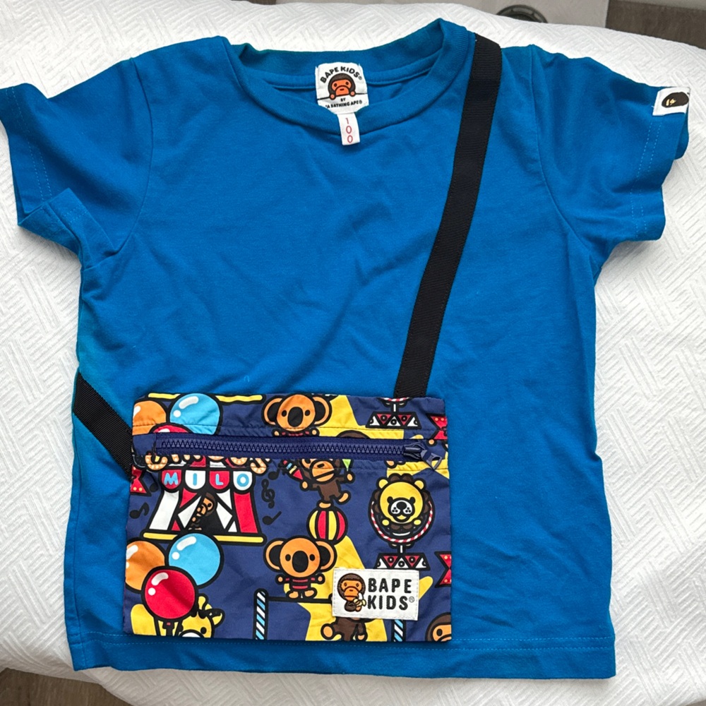 Bape Kids Blue Tee with Colorful Carnival Pocket Print